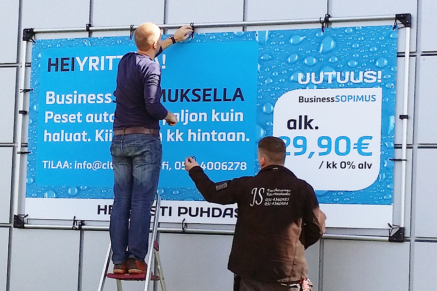 Kyltti asennus kuvan grafiikan vaihto banneri banderolliteline TUBE hinta malli koko