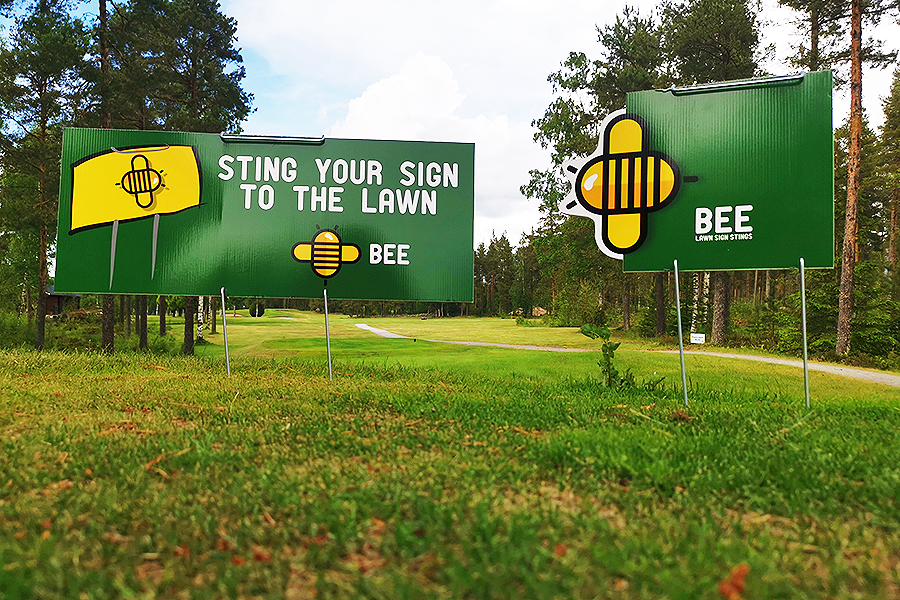 BEE kyltit golfradalle, kaapeliyhtiölle, asuntomyynti, urheilutapahtuma, sponsorimainos