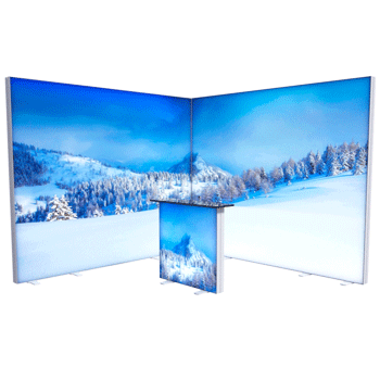 L-formad hörnmonter LUXIA 3x3 mässmonter med obrutna belysta tryckvåder